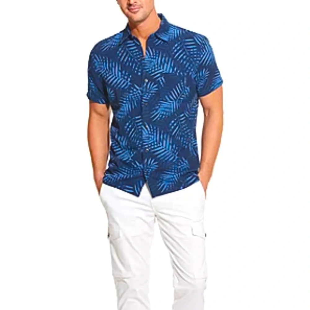 Van Heusen Mens Medium Classic Fit Short Sleeve Palm Leaf Button-Down Shirt - Picture 1 of 4